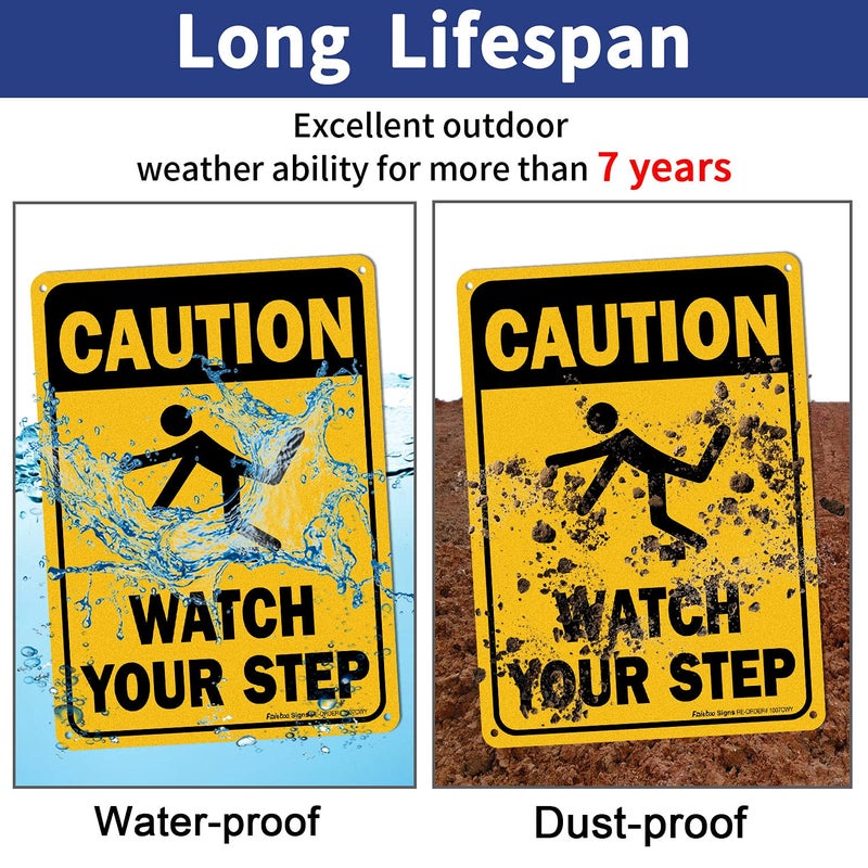 Faittoo (4 Pack) Caution Watch Your Step Sign Safety Sign, 10 x 7 Inches rectangle, .040 Rust Free Aluminum, UV Protected and Waterproof, Weather Resistant, Durable Ink, Easy to Mount - Image 4
